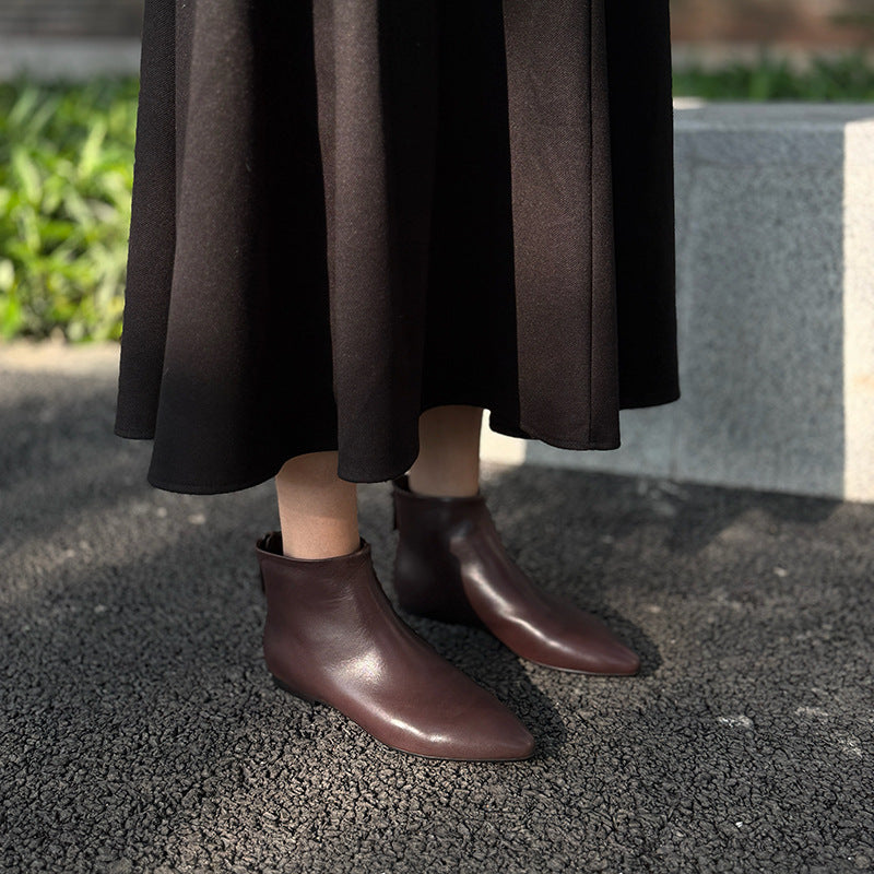 Pointed Ankle Vintage Zipper Genuine Basic Women's Fashion Shoes