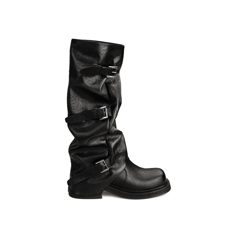 Mom Belt Buckle Head Pleated Tube Boots