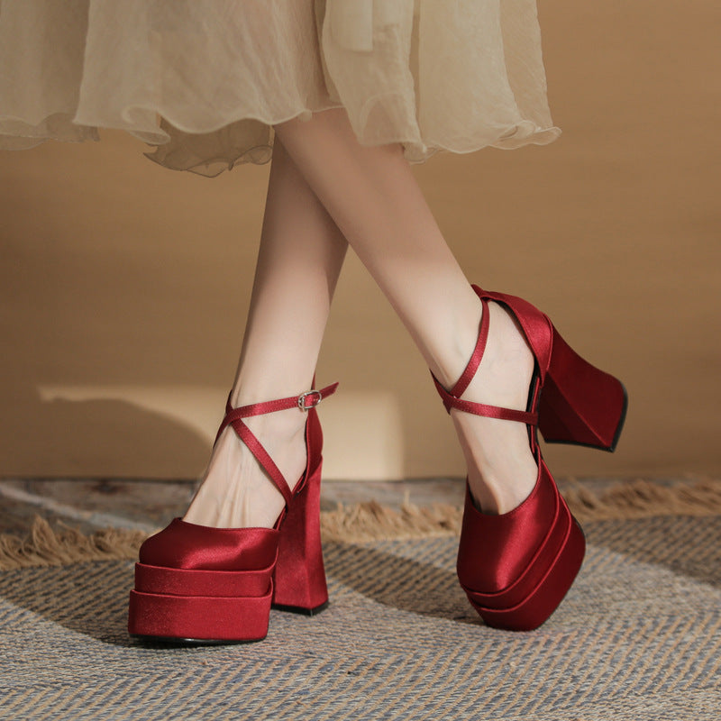 Women's Square Toe Chunky Hollow Waterproof Platform Super High Wedding Heels
