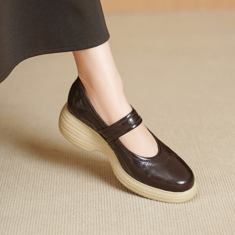 Women's Round Head Solid Color Low Cut Mary Jane Wedge Retro Women's Fashion Shoes