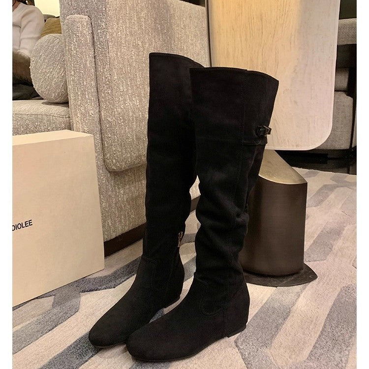 Insole Pointed Round Head Buckle Style Thin Bottom Over The Women's Leather Boots