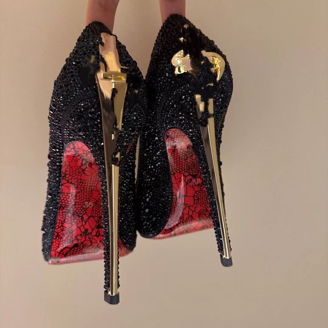 Large Size Gold Truncheon High Super Printed Red Bottom Pointed Women's Fashion Shoes