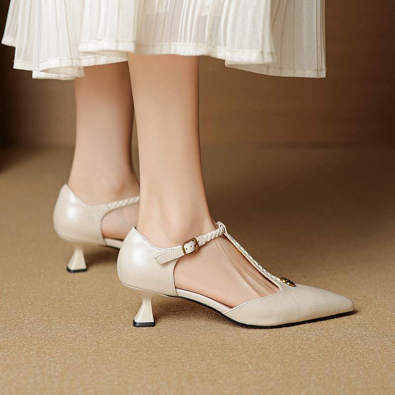 Women's French Retro Camellia Closed Toe Genuine High Heeled Sandals