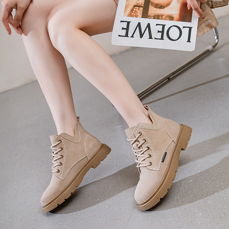 Women's Fleece-lined Martin Cowhide Flat Booties Plus Boots