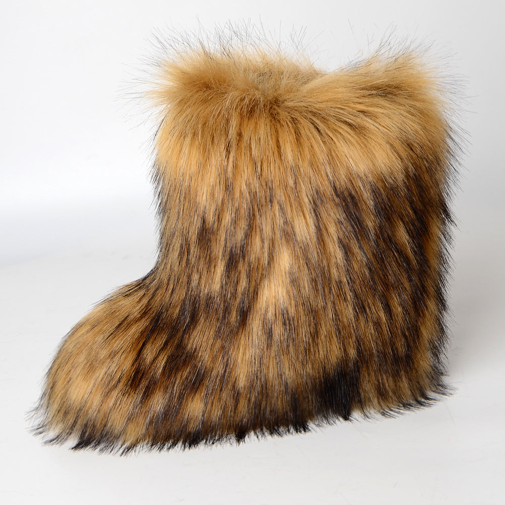 Women's Winter Fur Warm Fleece-lined Imitation Raccoon Snow Boots