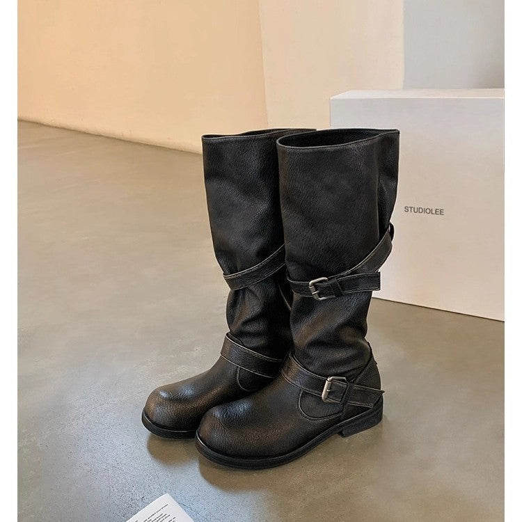 Large Round Toe Pants Chunky Platform Genuine Long Knight Female Women's Leather Boots