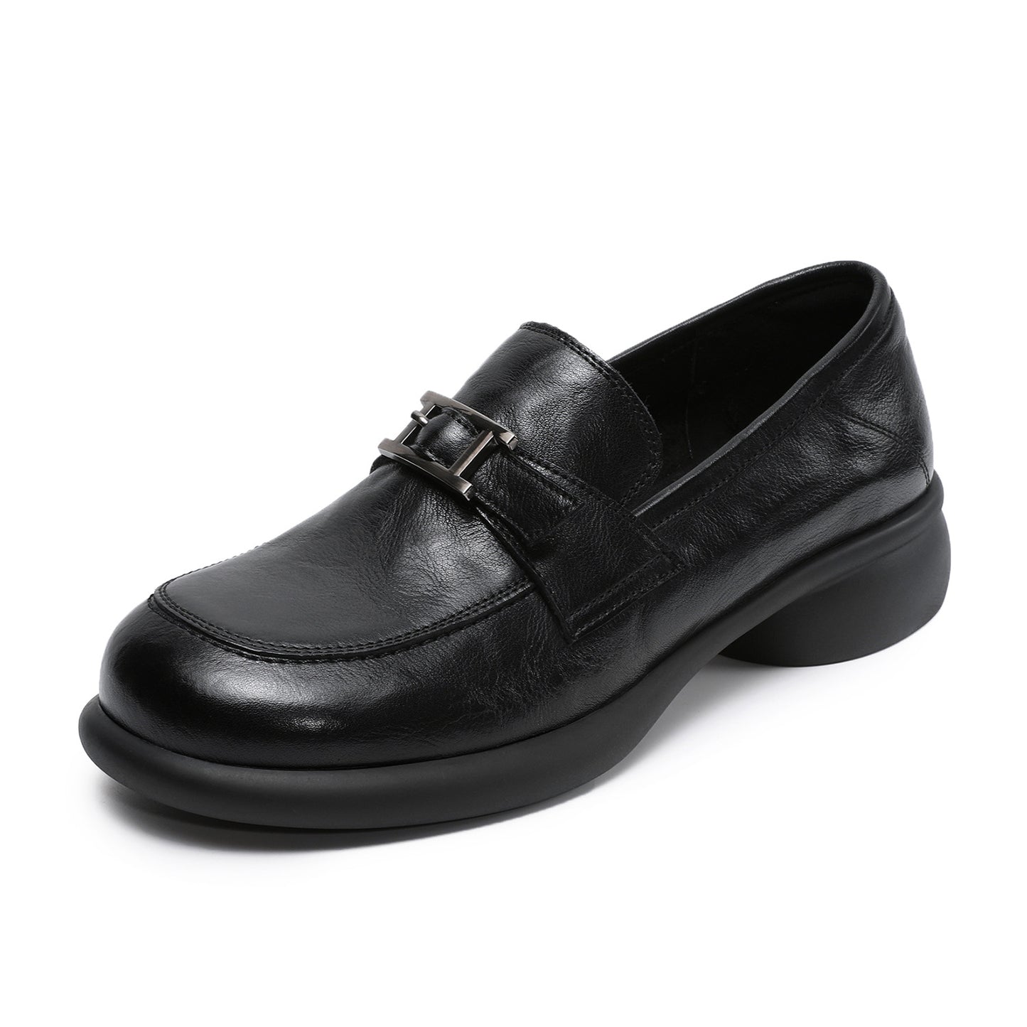 Women's Round Toe Soft Bottom Vintage Belt Buckle Mid-mouth Loafers