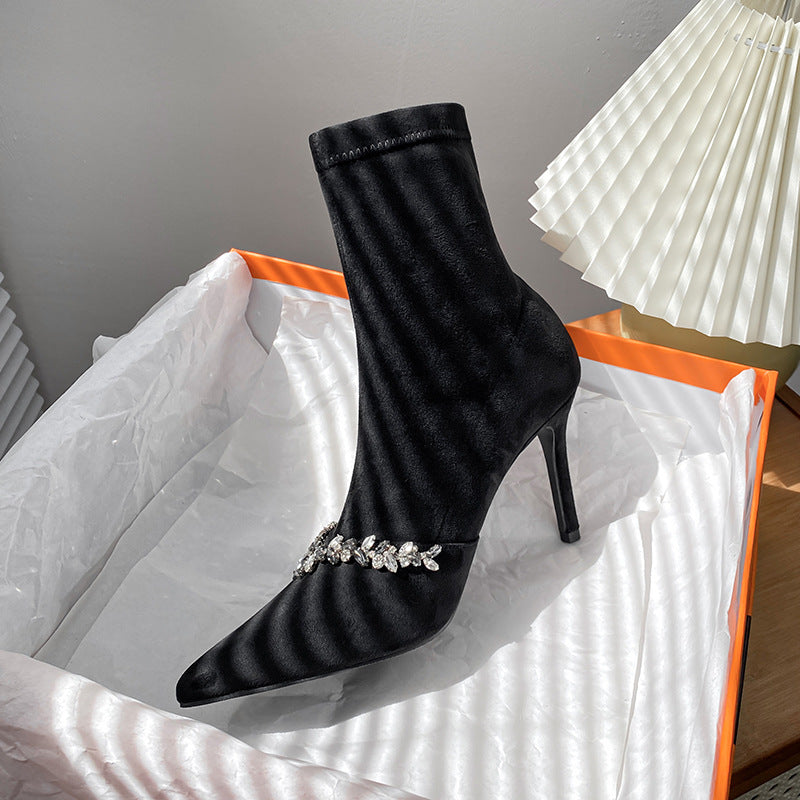 Women's Suede High French Style Rhinestone Pointed Boots