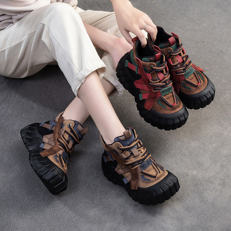 Women's Winter Color Matching Platform Fashion Clunky Women's Leather Boots