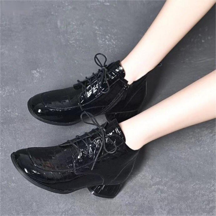 Women's Short Round Head Patent Plaid Thick Low Single-layer Boots