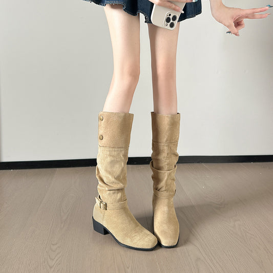 Suede French Below The Knee Retro Women's Leather Boots