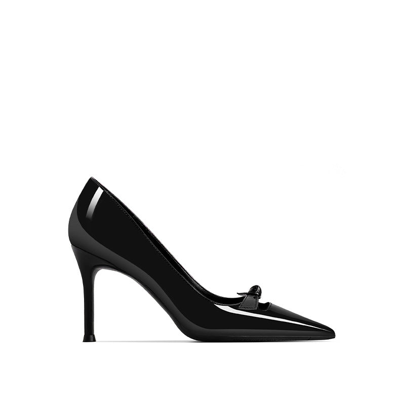 Women's Bow High Patent Pointed Stiletto Commuter Shallow Mouth Heels