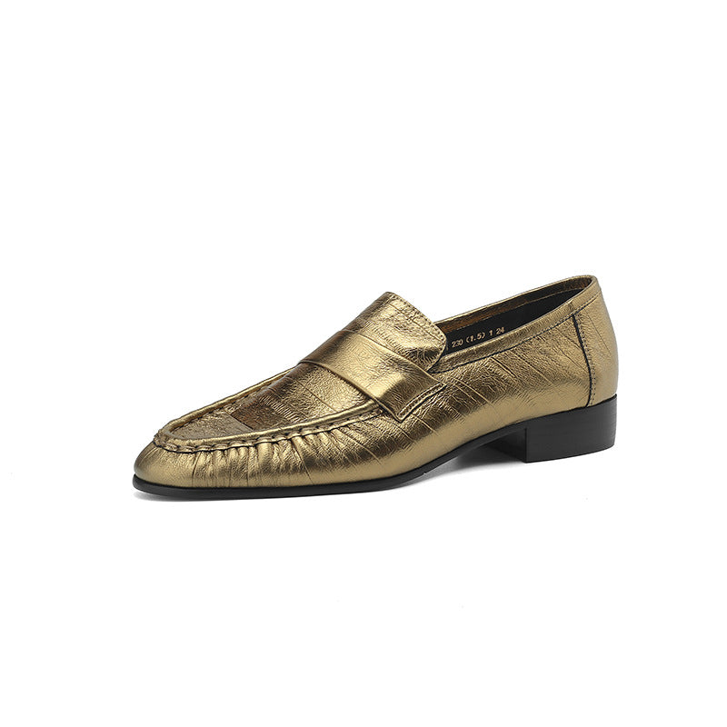 Cowhide Retro Minority Crocodile Pattern Chunky Pumps Slip-on Genuine British Women's Casual Shoes