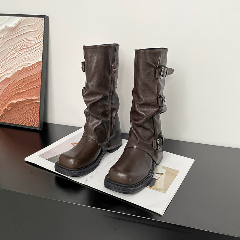 Elevated Thick-soled Belt Buckle Pantyhose Middle Chunky Women's Leather Boots