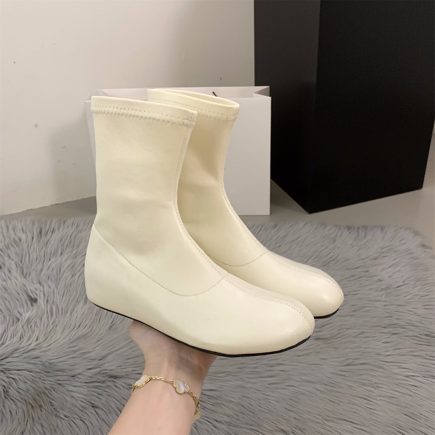 Height Increasing Insole White French Style Ankle Female Big Head Women's Leather Boots