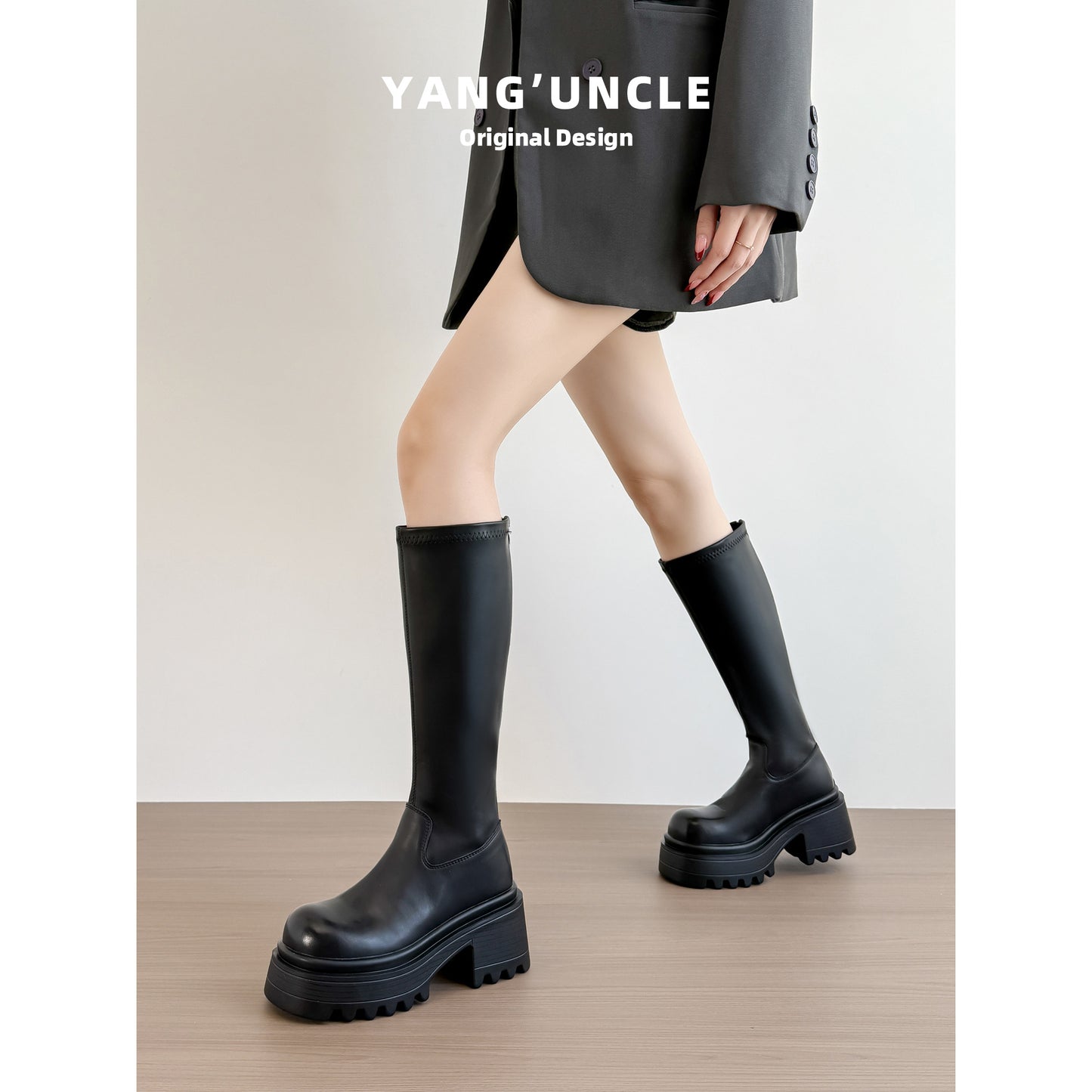 Double Tube Circumference Large Size Thick Bottom Height Increasing Insole Women's Leather Boots