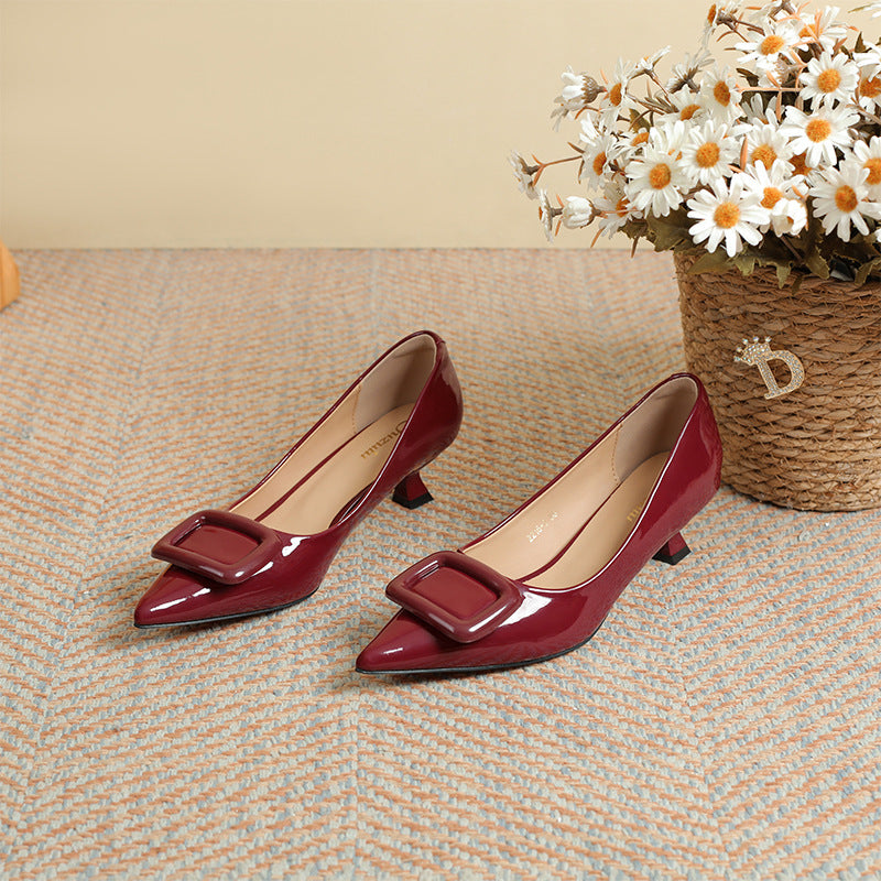 Women's Patent High Square Buckle Low-cut Elegant Pointed Heels
