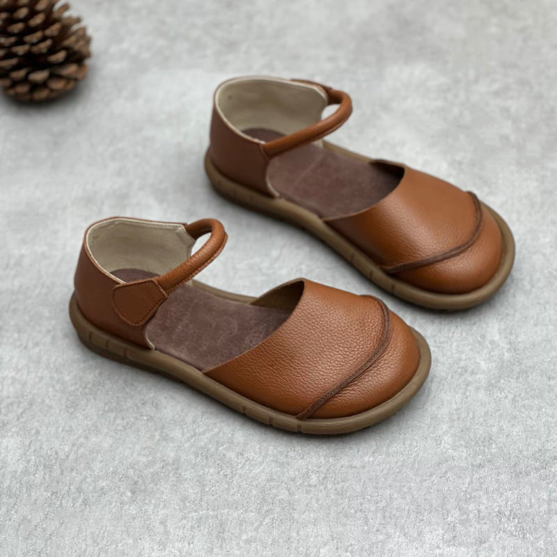 Women's Handmade Genuine Summer Mori Style Artistic Closed Toe Buckle Soft Sandals