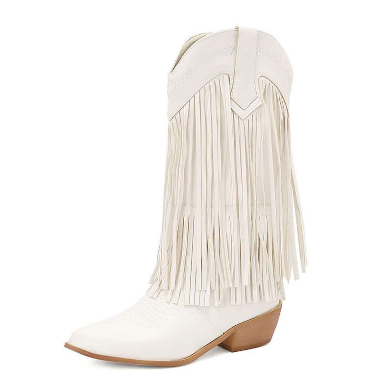 Women's Mid Pointed Western Tassel Embroidery Women's Leather Boots