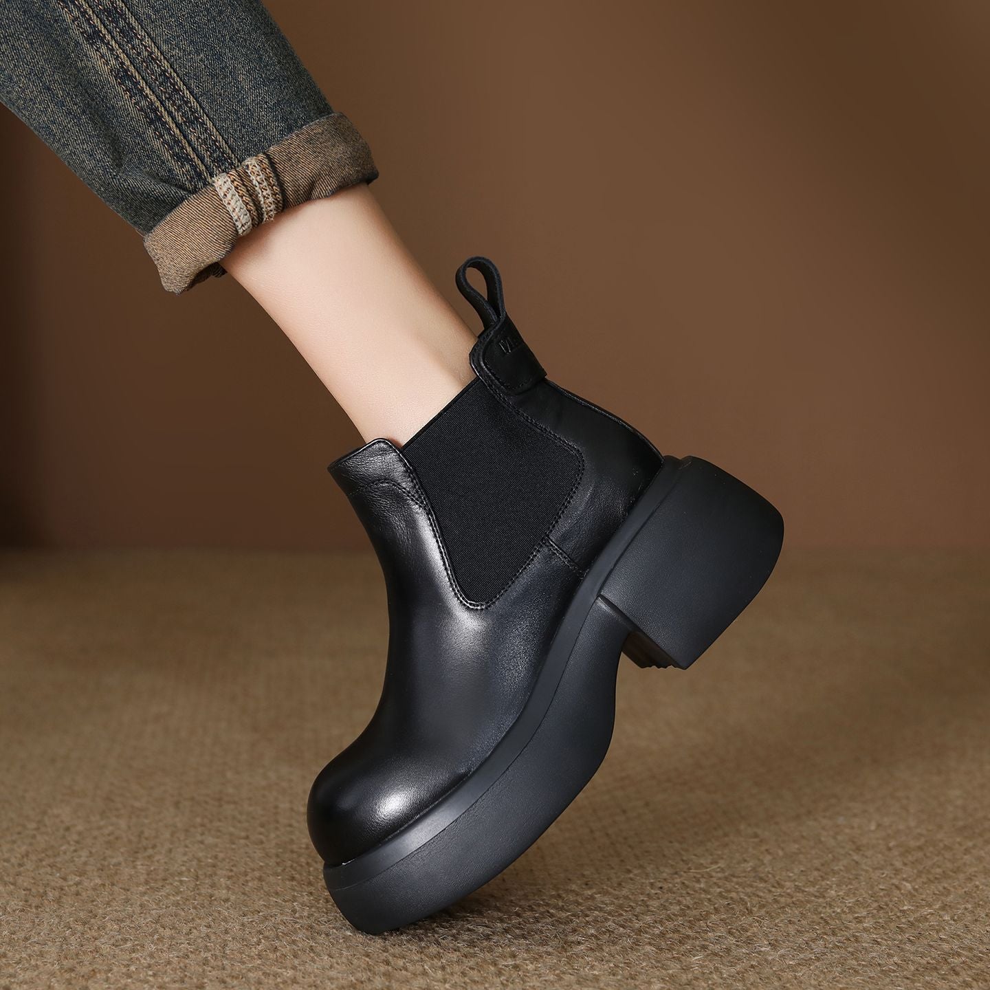 Women's Calfskin First Layer Cowhide Retro Ankle Martin White Chunky Smoke Women's Leather Boots