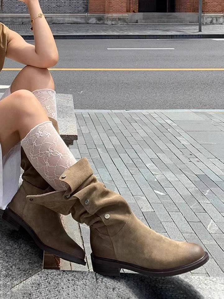 Vintage Suede Round Head Chunky Pile Boots