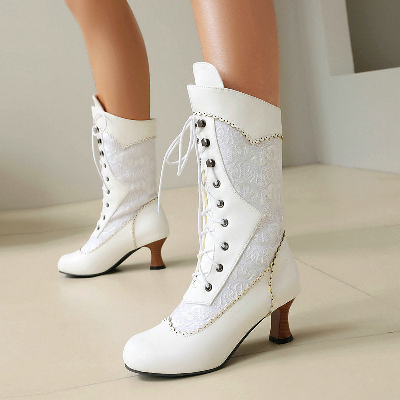 Women's Style Mid Vintage Lace Stitching Chunky High Front Large Women's Leather Boots