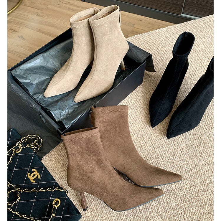 Women's Mom High Pointed Toe Stiletto Zipper Short Women's Leather Boots
