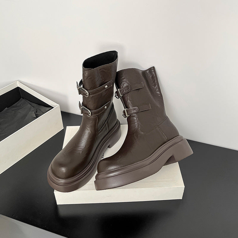 Women's Retro Belt Buckle Platform Height Increasing Knight Ankle Women's Leather Boots