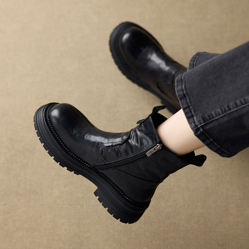 Women's Wool Cowhide Winter Fleece Lined Padded Warm Keeping Cotton Martin Women's Leather Boots