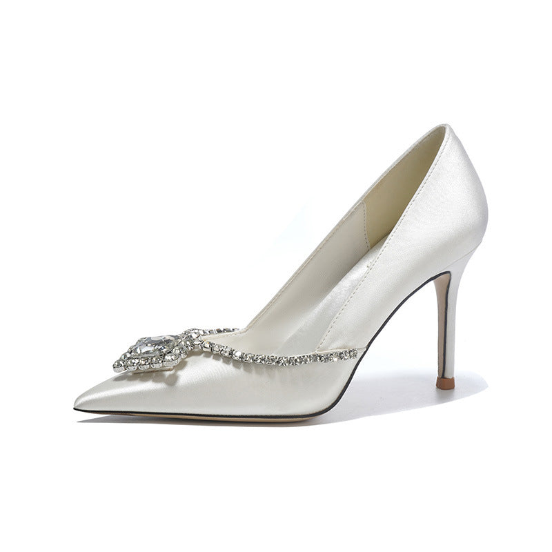 Women's White Rhinestone High Pointed Stiletto Satin French Wedding Dress Bride Women's Fashion Shoes