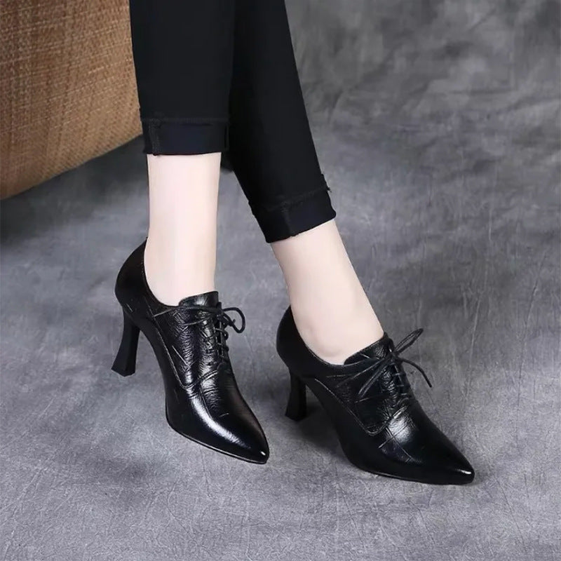 Women's Deep Mouth Pumps Spring Pointed Stiletto High Genuine Leather Shoes