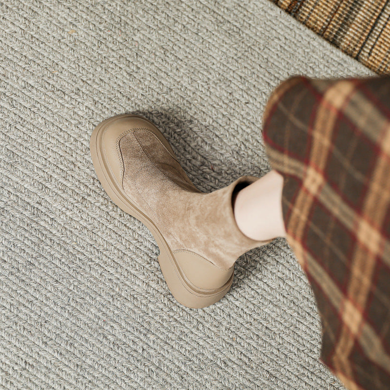 Women's Style Round Toe Suede Ankle Socks Thick Bottom Platform Stretch Women's Leather Boots