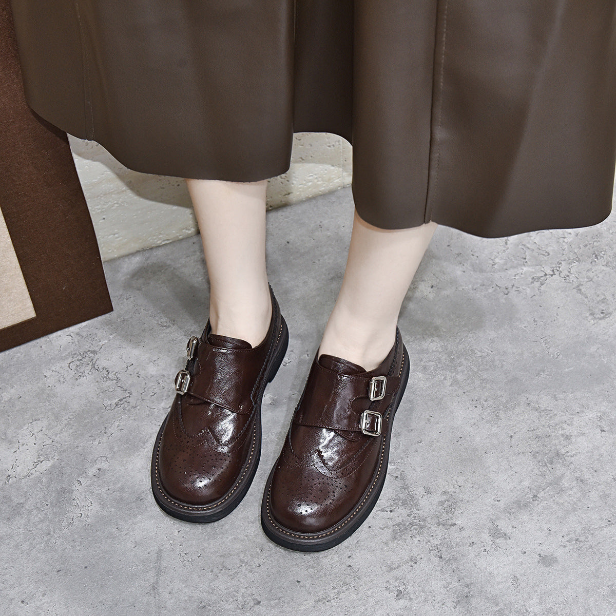 Women's Brogue Carved Double Row Belt Buckle Pumps Loafers