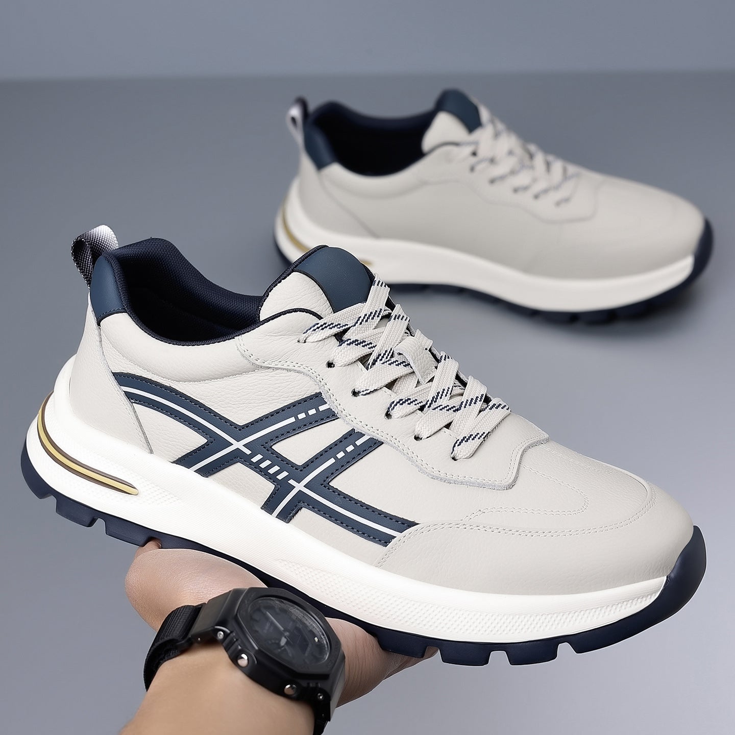 Men's Top Layer Cowhide Platform Heighten Soft Sneakers