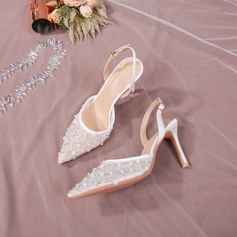 Women's Wedding Stiletto White Lace Pointed Toe Mesh Sequins High Heeled Sandals