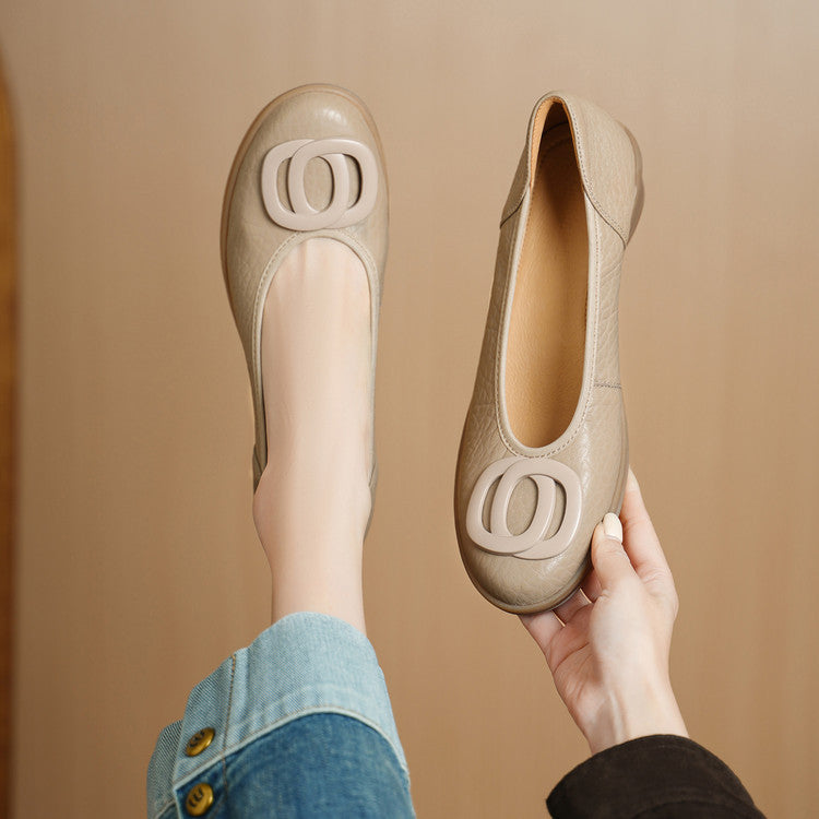 Women's Soft Sheepskin Metal Buckle Platform Genuine Round Toe Pumps Mid Women's Fashion Shoes