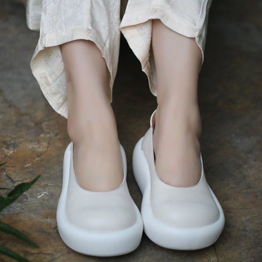 Women's Layer Cowhide Round Mouth Pumps Soft Back Thick Feet Platform Sandals
