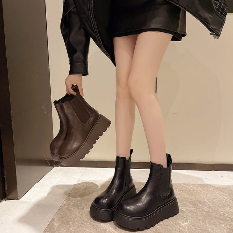 Women's Smoke Pipe Platform Chelsea Martin British Style Short Height Increasing Women's Leather Boots