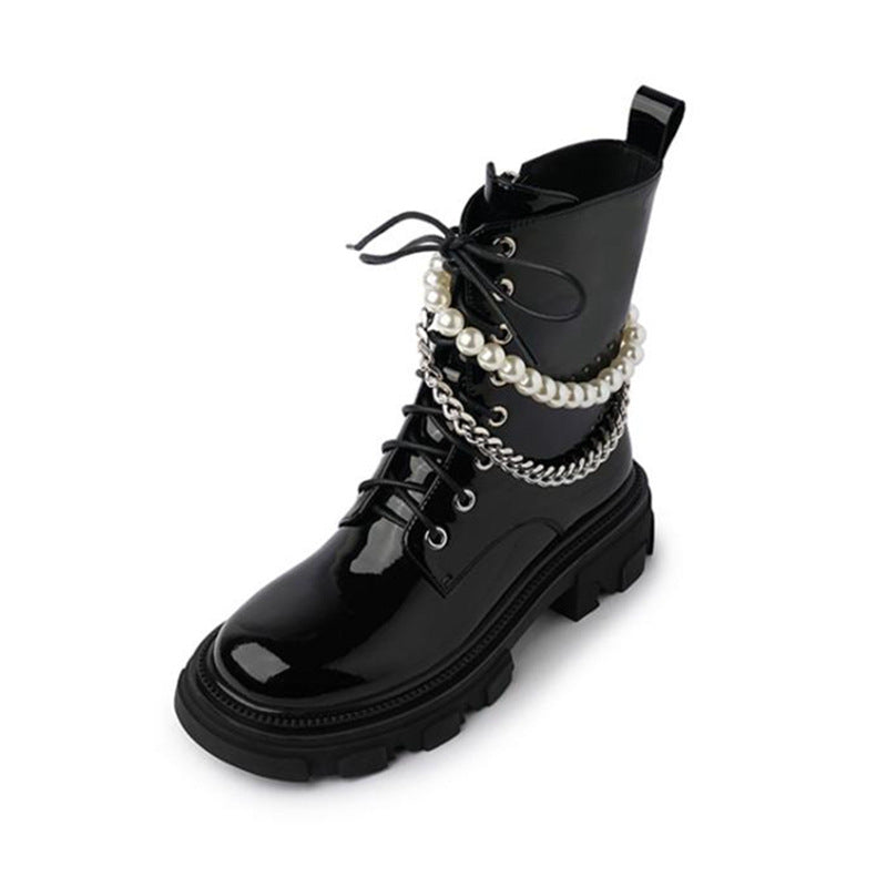Women's Black Martin Pearl Chain Cool Patent Boots
