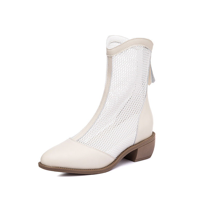 Women's Chunky Mesh Roman Back Zipper Pointed Mid Hollow Sandals