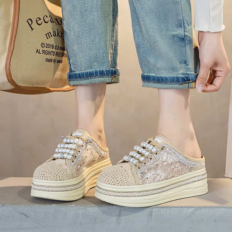 Women's Closed Toe Half Summer Wear Lace Mesh Breathable Thick Slippers