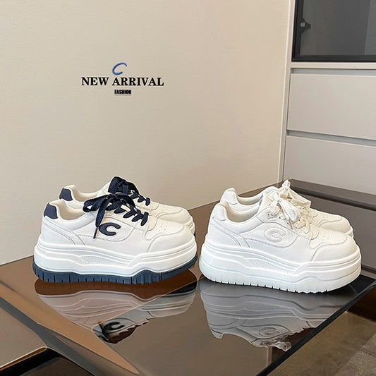 Women's Sheepskin Uncle's Thick-soled Light White Spring Sneakers
