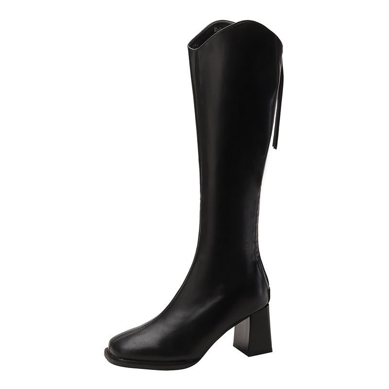 Women's V Cut Square Head Chunky Long Boots