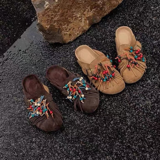 Women's Beaded Tassel Half Summer Soft Bottom Thick Flat Slippers