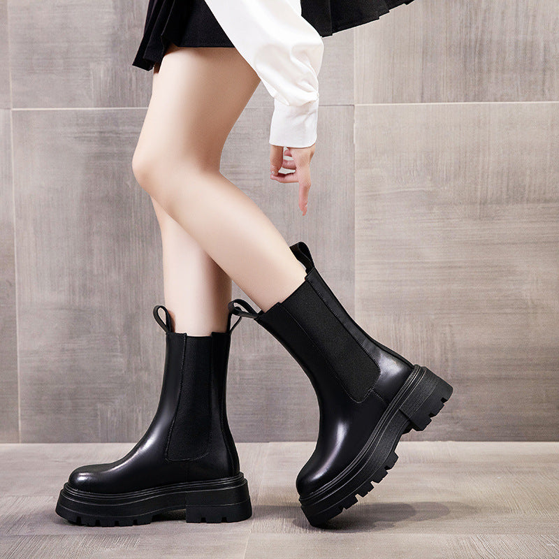 Women's British Style Thick-soled Slimming Smoke Pipe Height Women's Leather Boots
