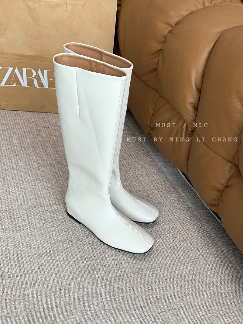 Women's Style Chunky Square Toe High Below The Knee Single White Women's Leather Boots