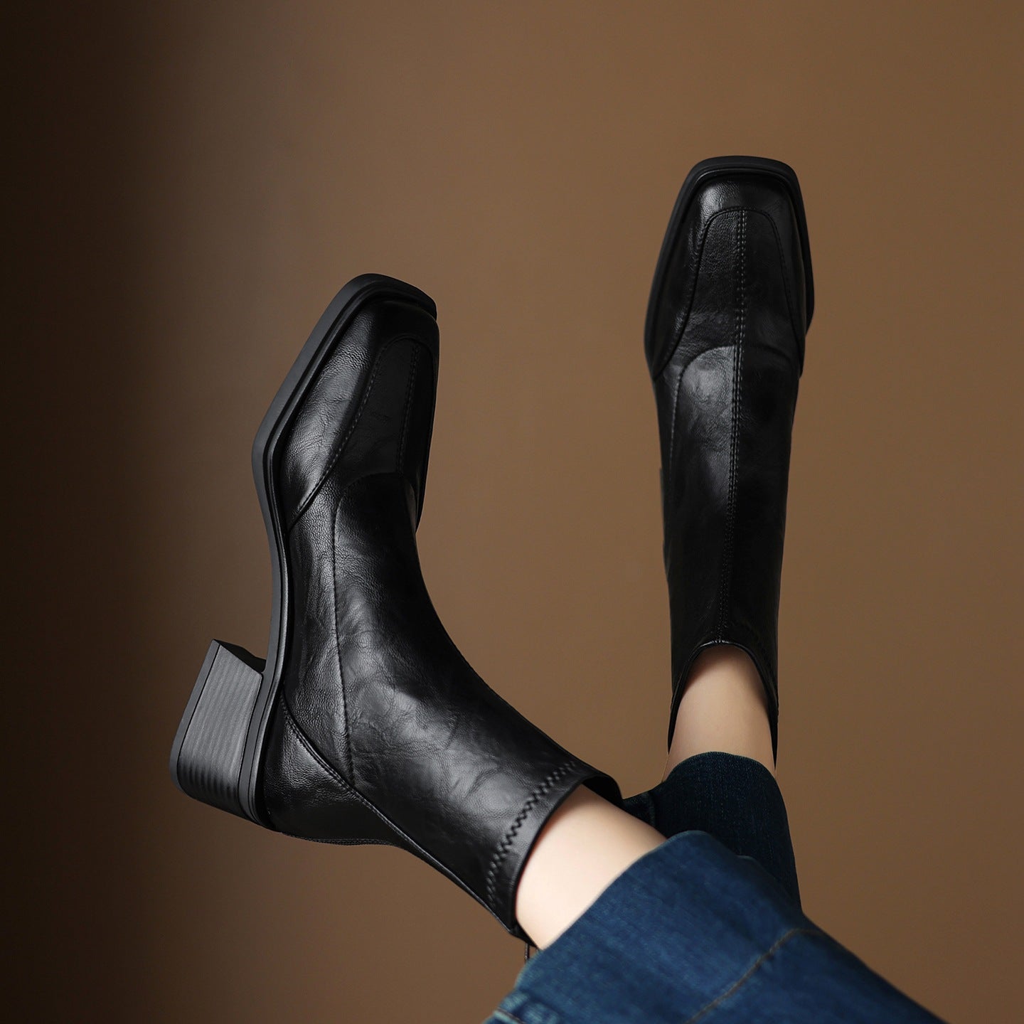 Women's Square Toe Fashion Chunky Short For Autumn Stretch Thin Mid Women's Leather Boots
