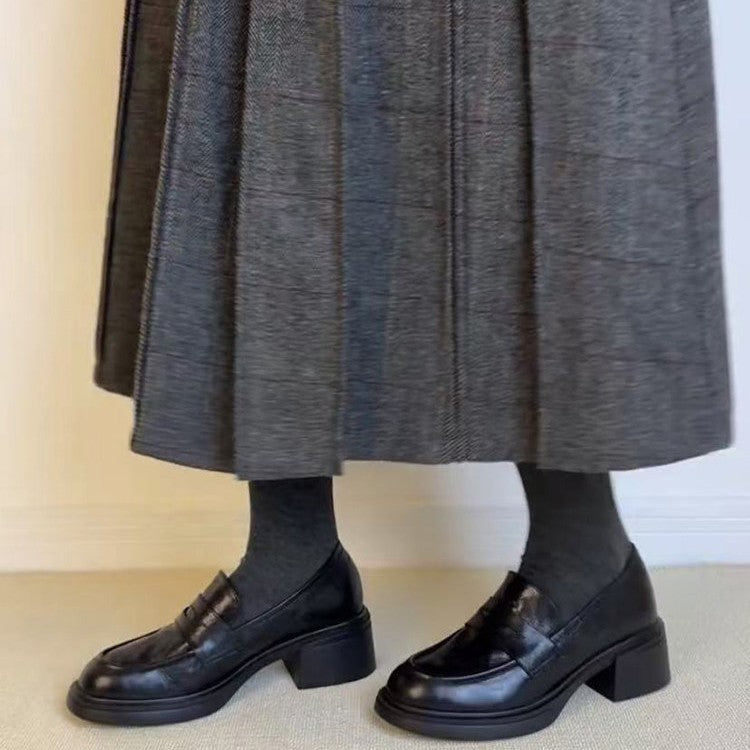 Women's Retro Chunky Slip-on Round Toe Pumps Genuine Loafers