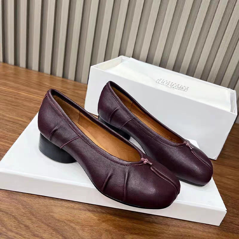 Women's Pair Version Mid Pleated Ballet Sheepskin Shallow Heels