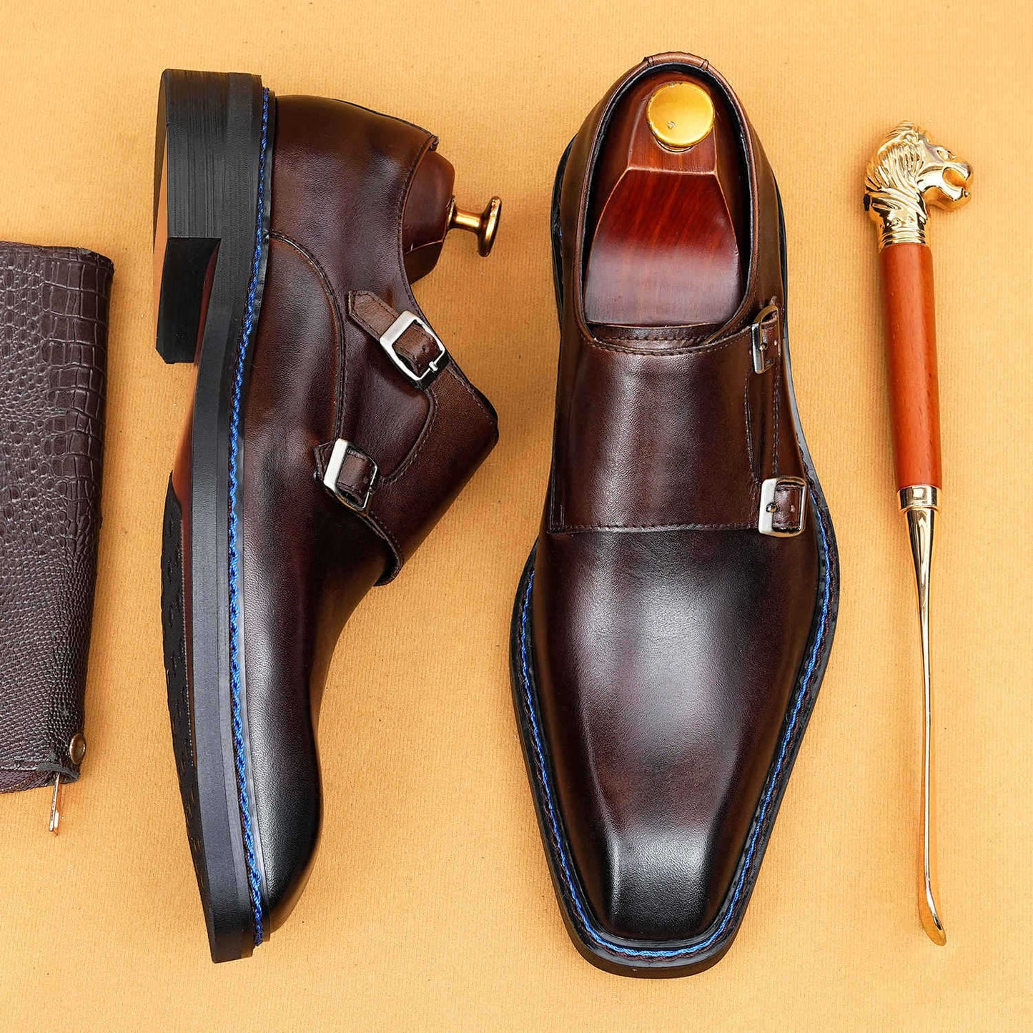 Men's Square Toe Genuine Formal Wear Norwegian Seam Buckle Men's Business Leather Shoes